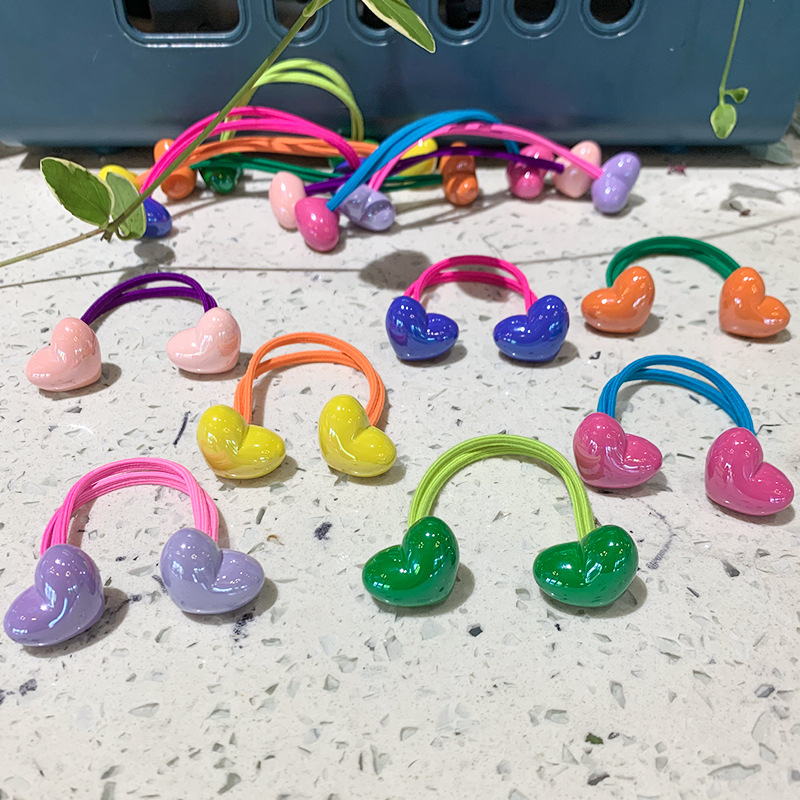20g Weight Hair Tie Hair Accessories Type 2 Pieces Per Card Quantity Holiday, Daily Occasion Acrylic Material Color Block, Heart Shape Pattern Kid'S Gender Cute, Sweet Style Cute Sweet Kid'S Color Block Heart Shape Arylic Hair Tie 7