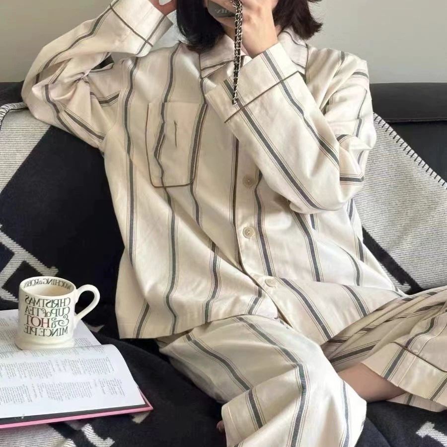 Новинка весны 2024: Комплект домашней одежды из хлопка с полосками, свободный крой, комфортный, для пар, простой повседневный стиль