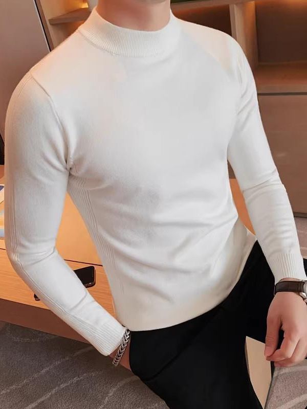 Comercio exterior al por mayor de los hombres a principios de otoño Delgado elástico suéter de Cuello medio SLIM-Fit suéter de rayas de manga de fondo de color sólido