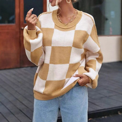 2024アマゾンの新商品の秋の服の女性のニットの方眼の要素の丸首のゆったりしているセーターの欧米の独立駅