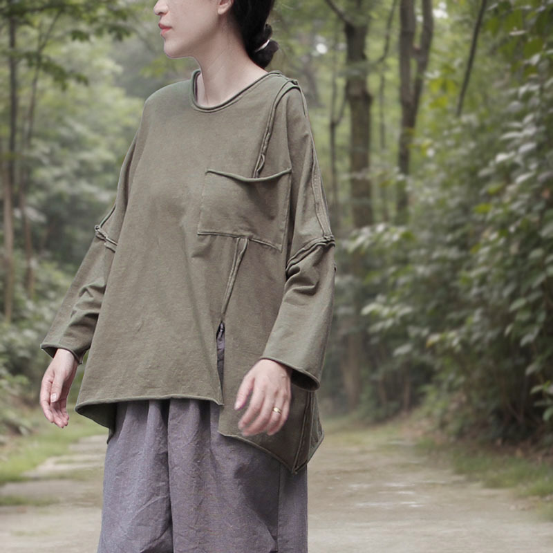 Shanqiannian Spring and Autumn Skin-friendly Soft Pullover T-shirt Washed Cotton Blended Irregular Knitted Stitching Top