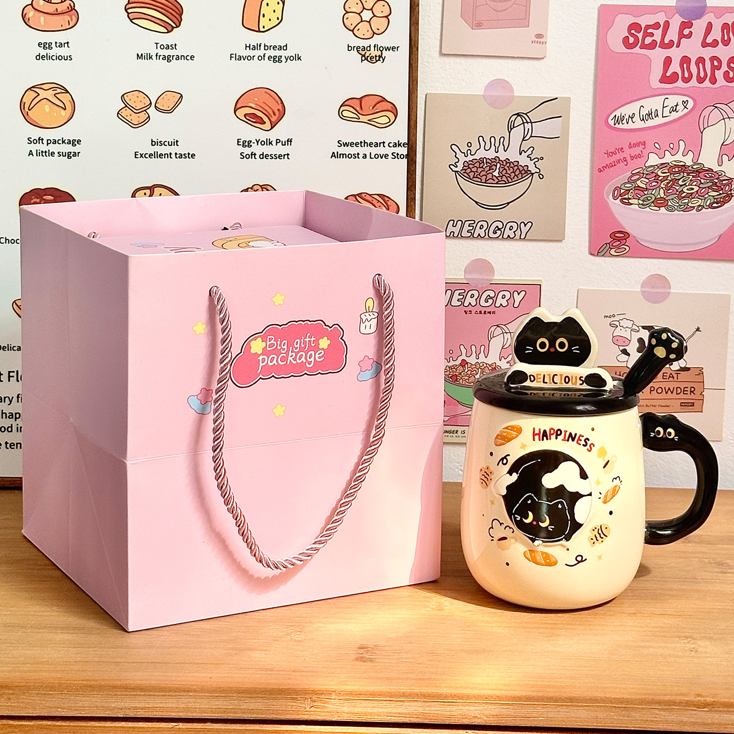 Cute gato cerámica taza con cubierta taza de cuchara de taza de agua de alto valor para niñas taza de regalo de cumpleaños casera taza de pareja