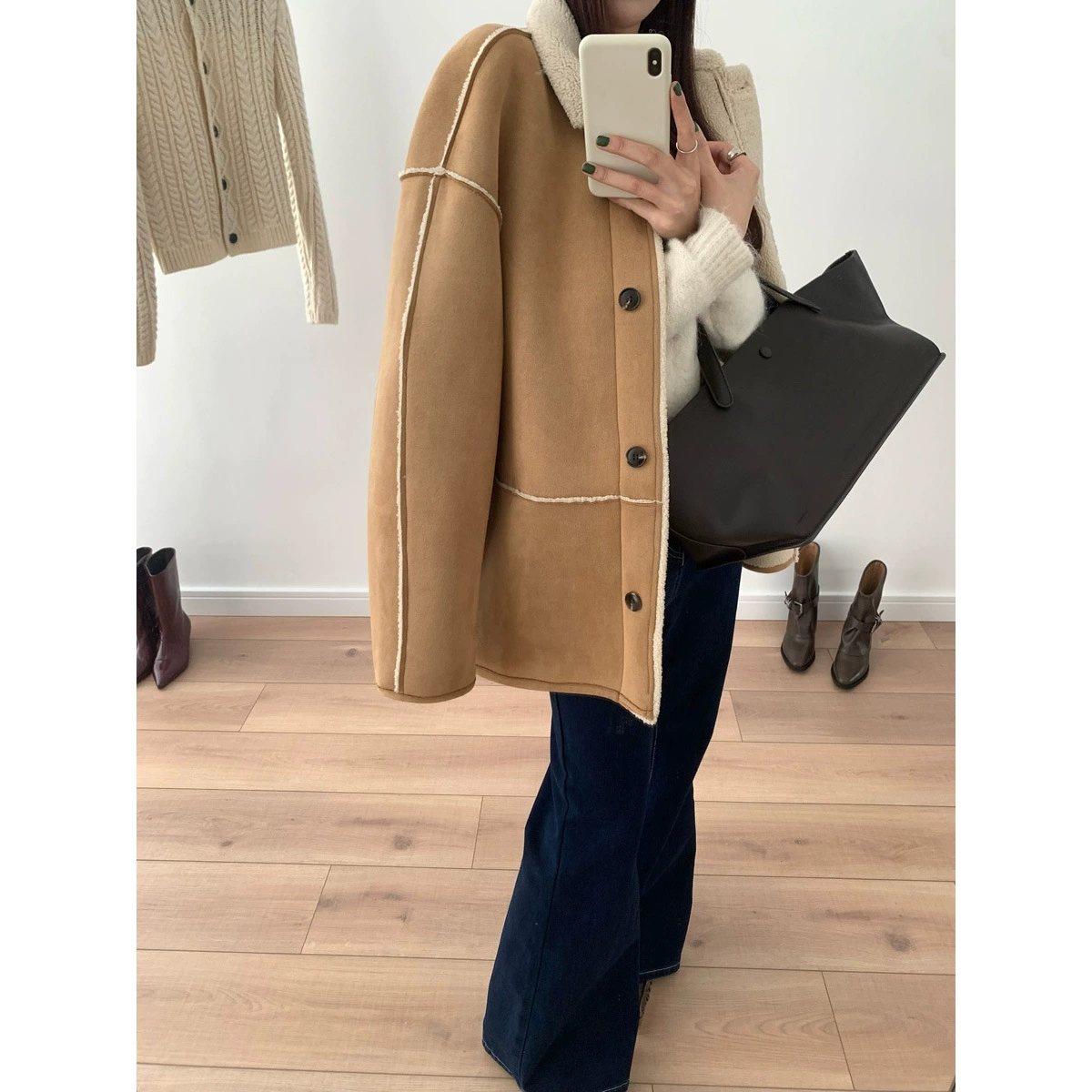 Yi Eo inbyin овечья шерсть, замшевая меховая куртка, женская зимняя контрастная куртка, лацканная, женская