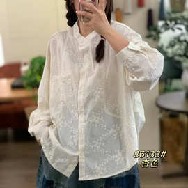 春季新款 刺绣提花棉立领白衬衫长袖宽松新中式上衣86133