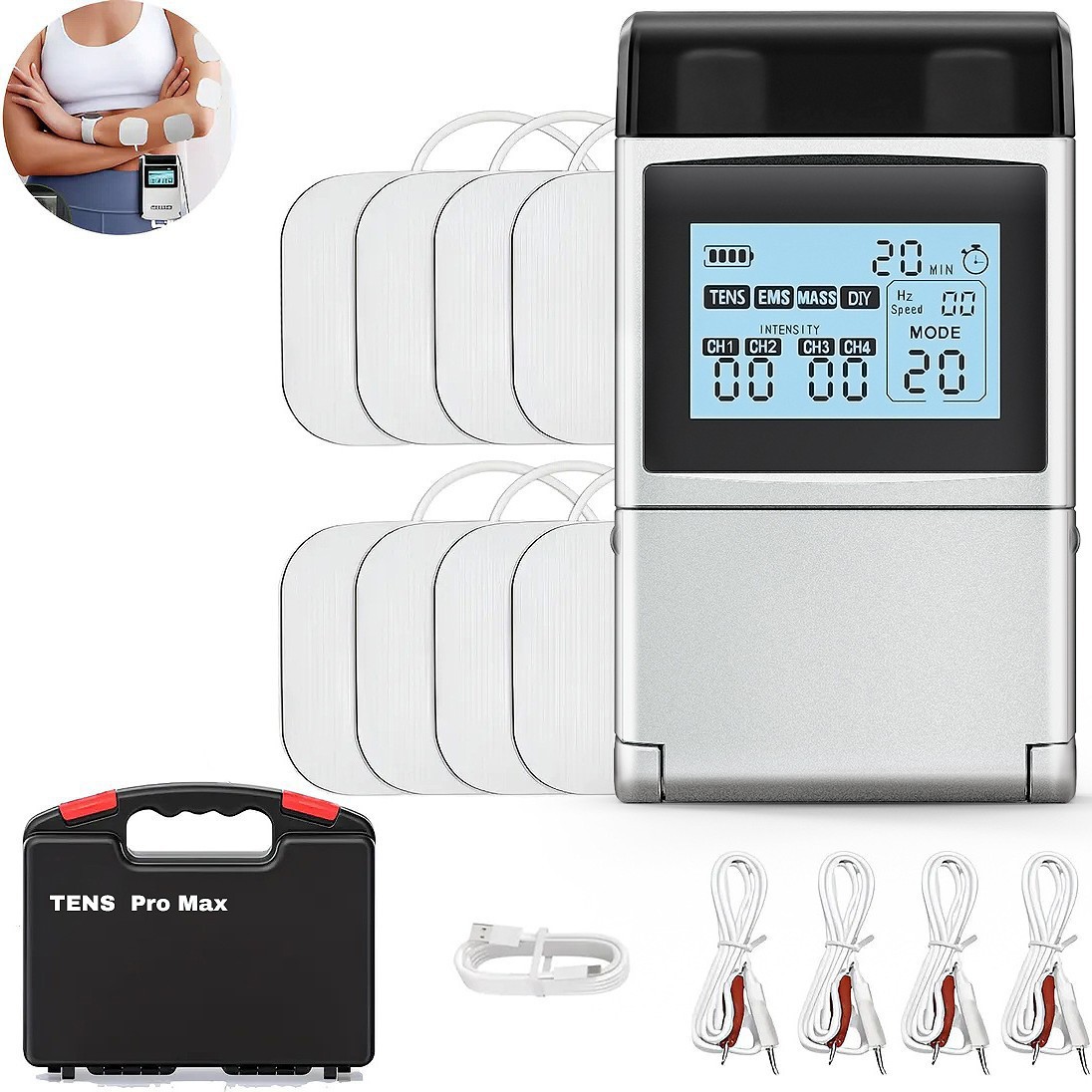 Masaje de pulso del estimulador muscular Tens EMS de modo 60 con Perilla DIY ajuste de pantalla portátil de cuatro canales