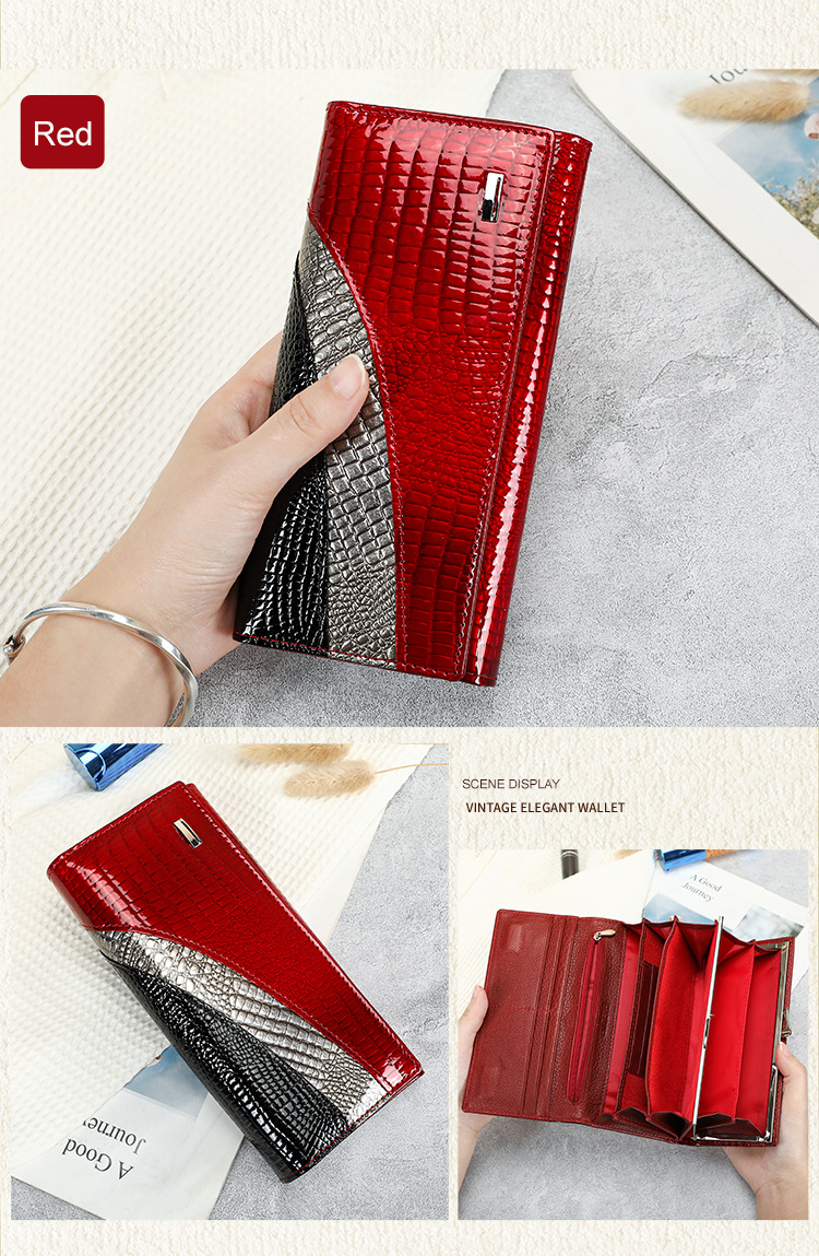 Ví cầm tay nữ da thật dáng dài phong cách đơn giản — Đen, Đỏ, Đỏ rượu, 18.5*3*9cm chi tiết 5