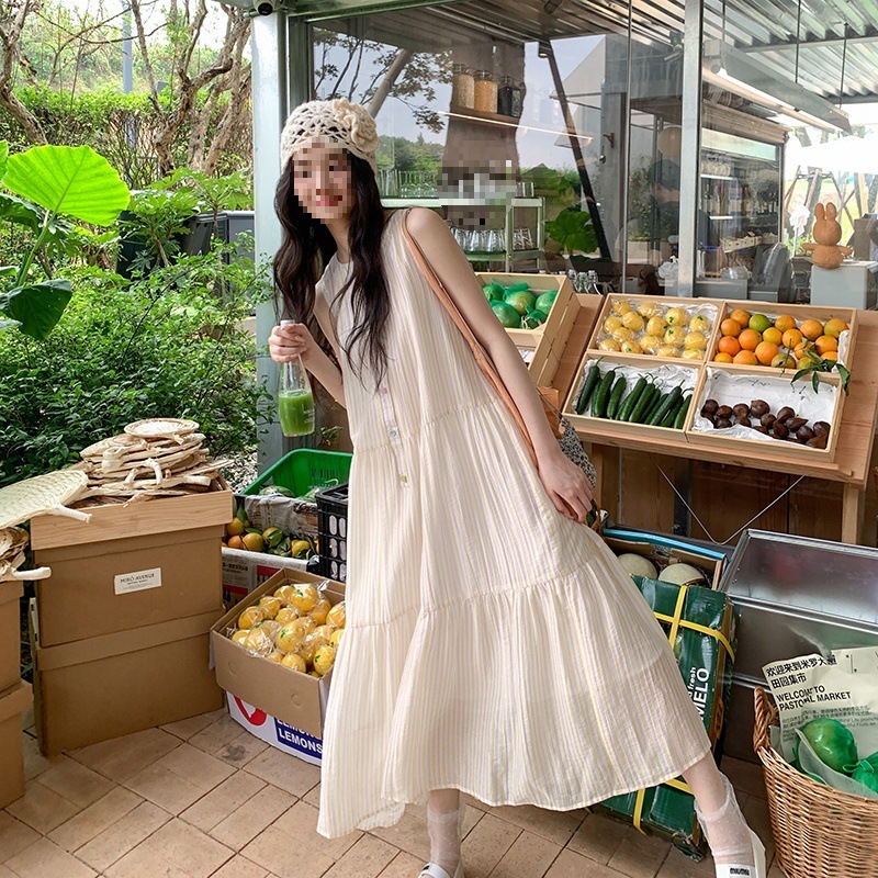 跨境 减龄圆领条纹无袖连衣裙女夏天巨看长裙海边度假宽松裙|undefined