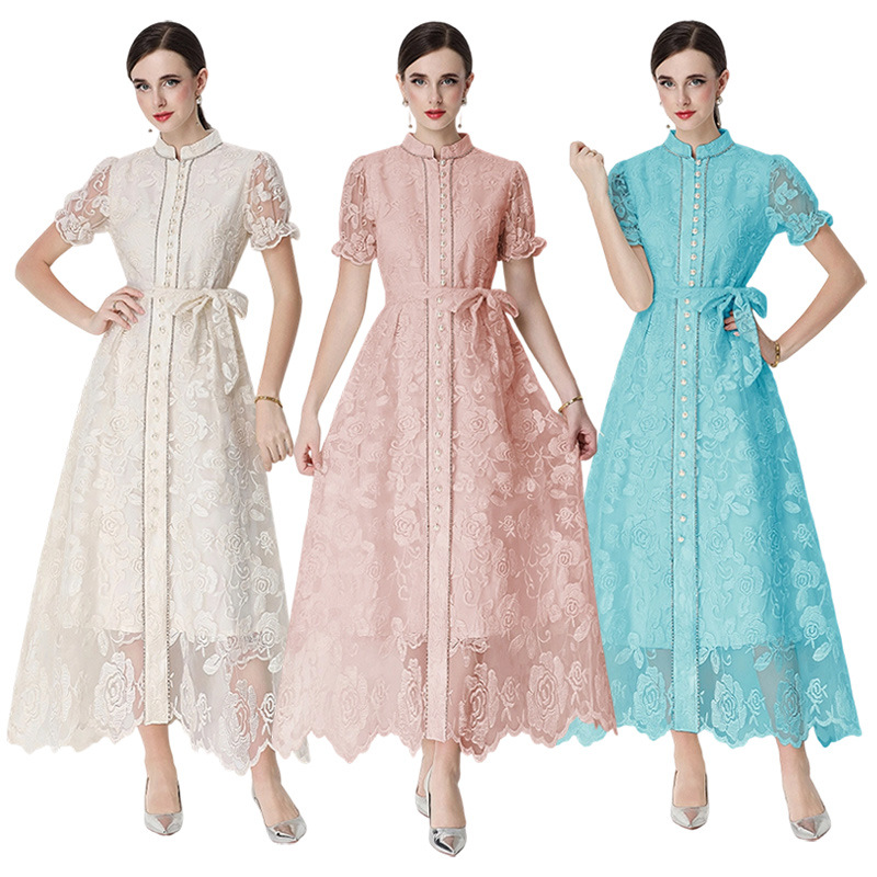 Đầm maxi nữ thêu ren họa tiết rỗng, tay ngắn, cổ tròn, thắt eo, dài qua gối — xanh lam, màu hồng, màu mơ