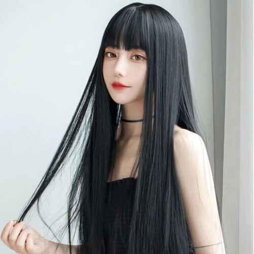Female Korean wig with long black hair, soft style, realistic full head cover, Japanese influencer air bangs, temperament face-hugging wigs
