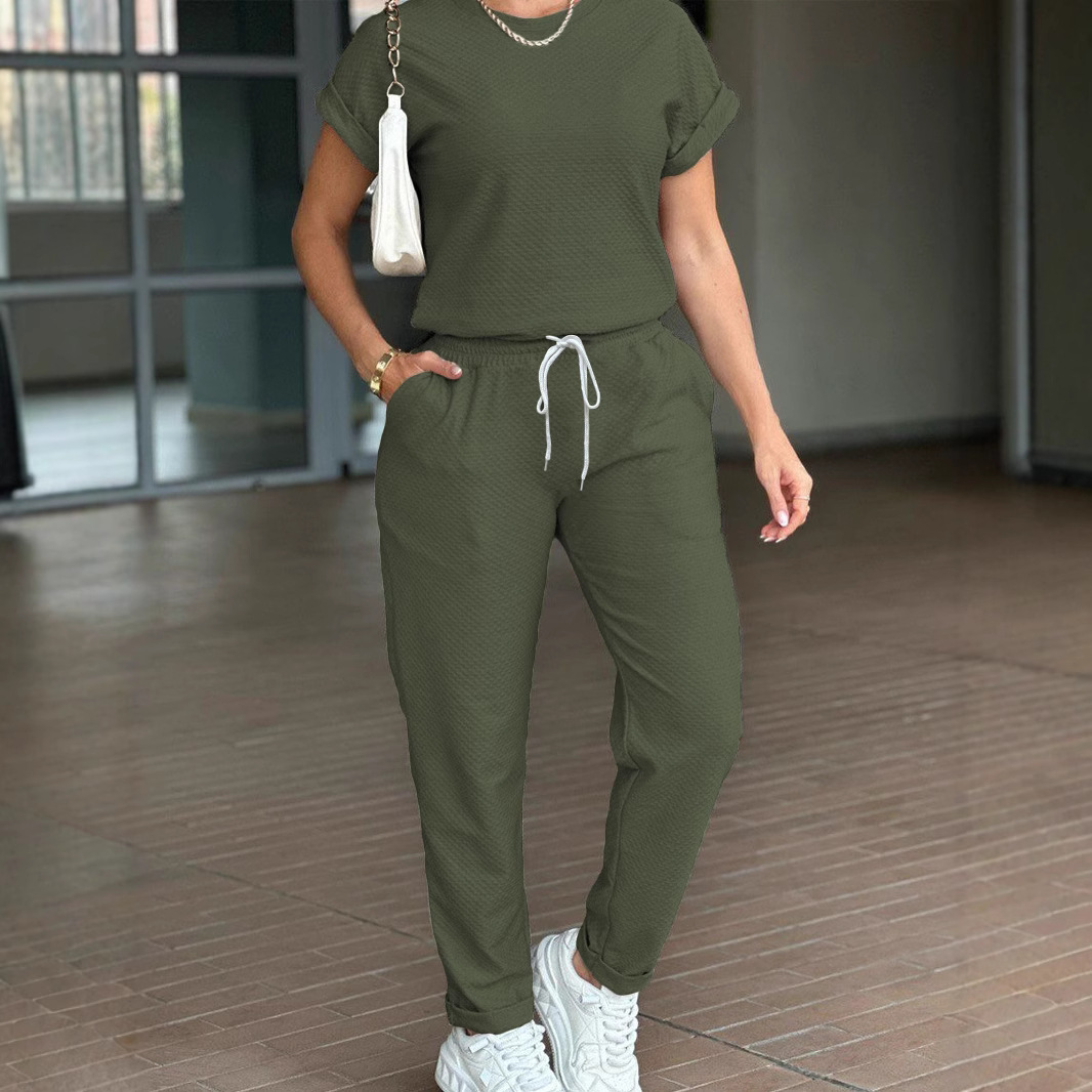 Spring Summer Women's Solid Color Sports Suit Casual Comfortable Style High Waisted Drawstring Top Versatile Short Sleeve_ecoleips.com