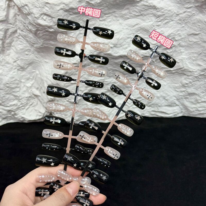High-End Niche Instagram Influencer Nail Tips, Cat-Eye Gold-Plated Cross Design, 30 Pieces, Assorted Sizes, Fake Nail Tips
