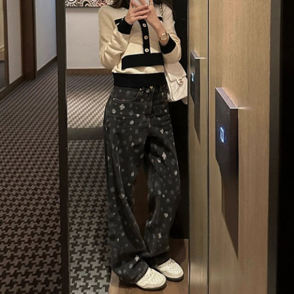 South Korea's Dongdaemun Women's Dark Pattern All-Over Printed Jeans Straight Slim Regular/Brushed Pants