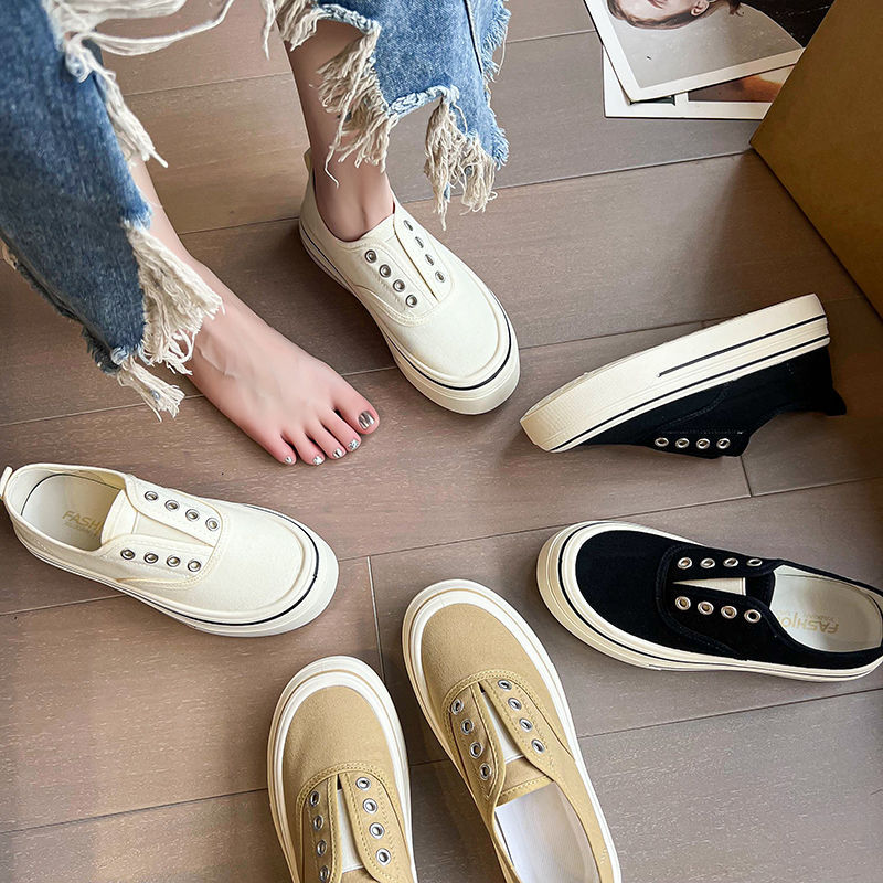 厚底松紧一脚蹬帆布鞋2025夏季新款百搭透气休闲轻便小白鞋板鞋