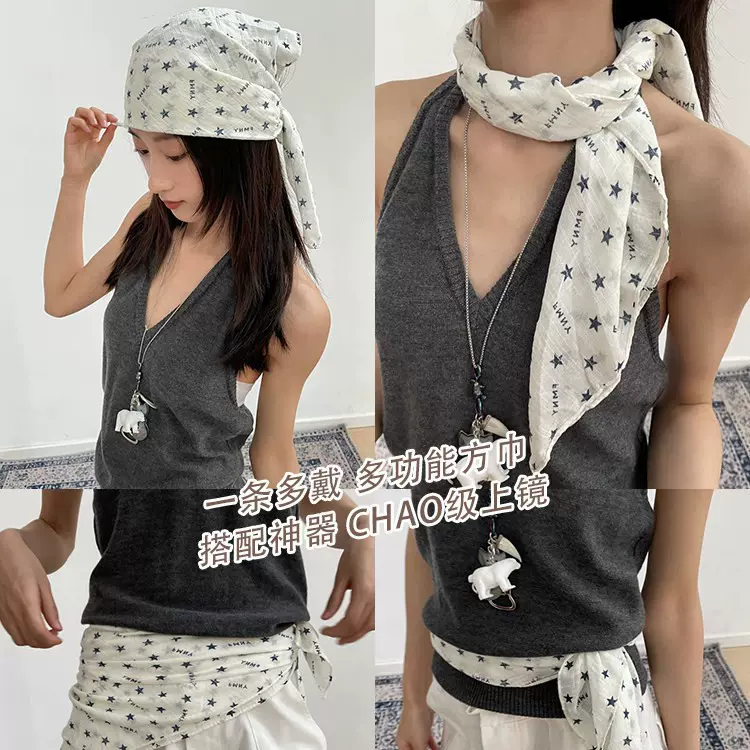 韩系棉麻星星印花头巾女夏季潮流y2k千禧辣妹嘻哈多功能方巾丝巾