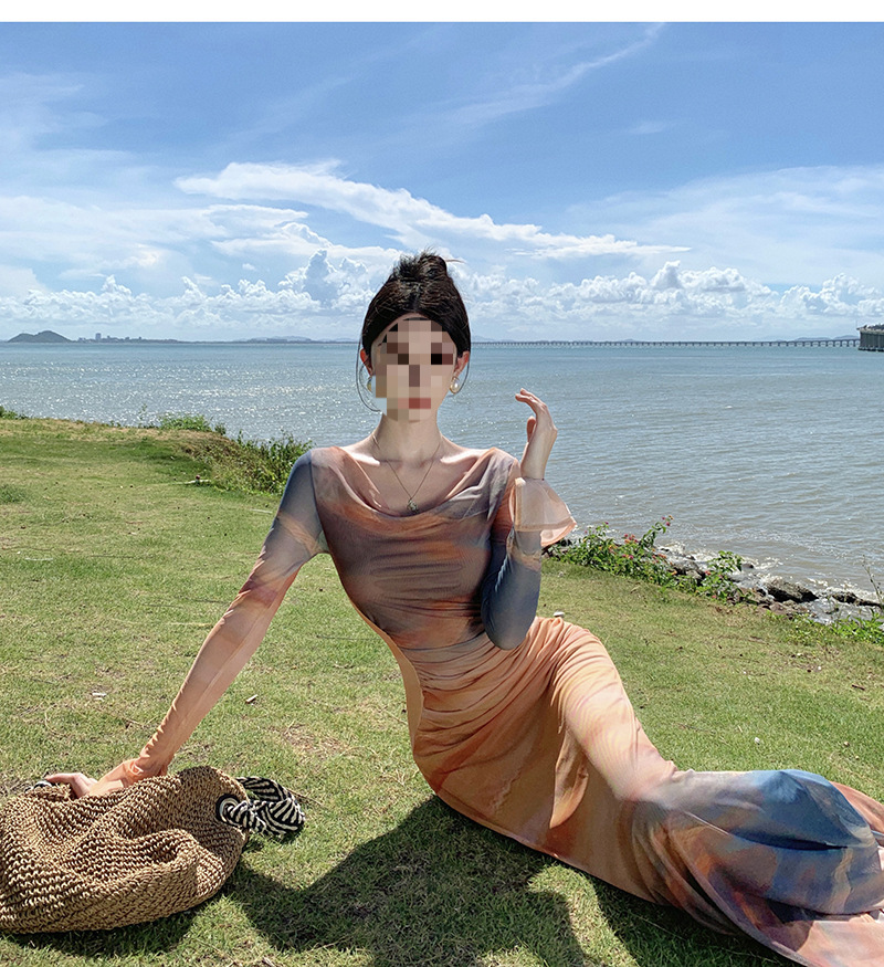 French Spice Girl Sunset Tie-Dye Printed Swinging Neck Mesh Dress Feminine Temperament Slim Waist Skinny Holiday Dress_ecoleips.com