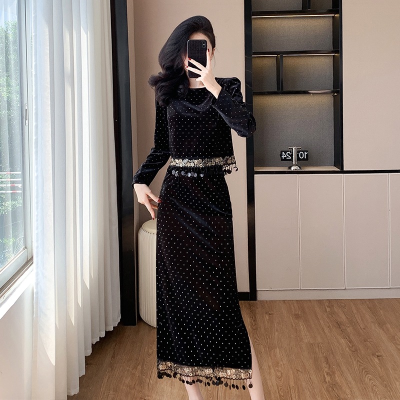 Autumn classic black elegant fashionable velvet set