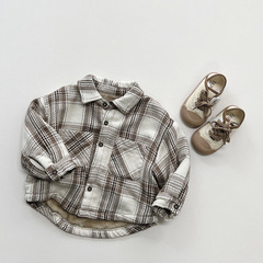 Boys' Literary Style Grid Fleece Shirt Winter New Girls' Korean Version Retro Top Coat for Middle Childhood Trendy Kids' Clothing