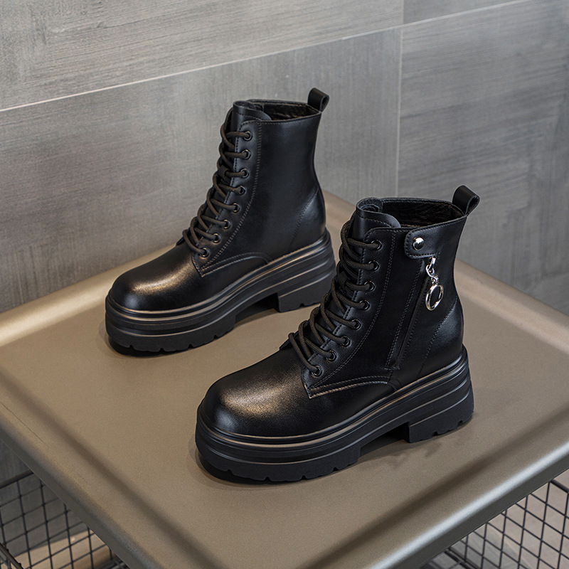 2025 New Autumn and Winter Women's Boots with Increased Height for Small People, Thick Soles, Mid-Calf, Versatile Short Boots, British Style Boots