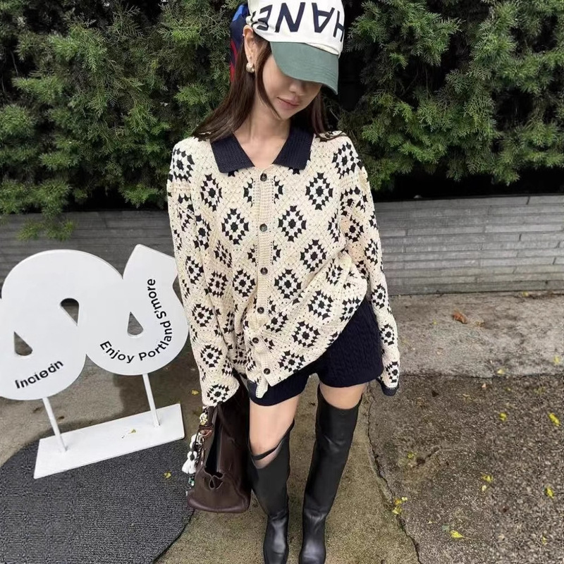 复古时尚设计感小众翻领撞色针织开衫女秋季新款慵懒宽松显瘦上衣|undefined