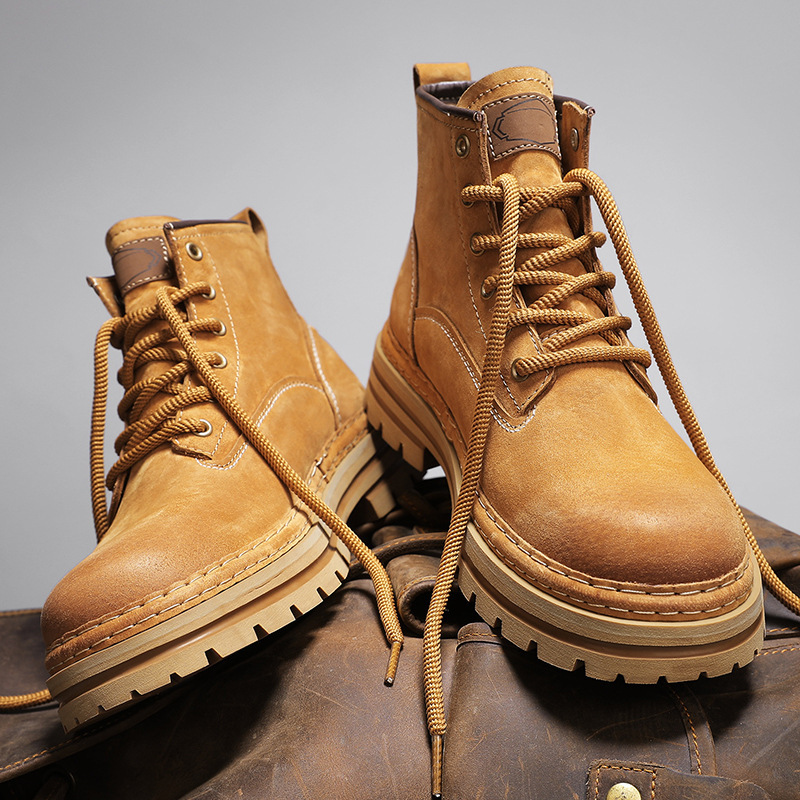 大黄靴男士休闲皮鞋中帮增高防水工装靴男高帮秋季美式复古马丁靴