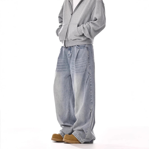 Korean Trend Straight Leg Jeans, Versatile Loose Casual Distressed Trendy Wide Leg Pants, Unisex Stylish and Simple Matching