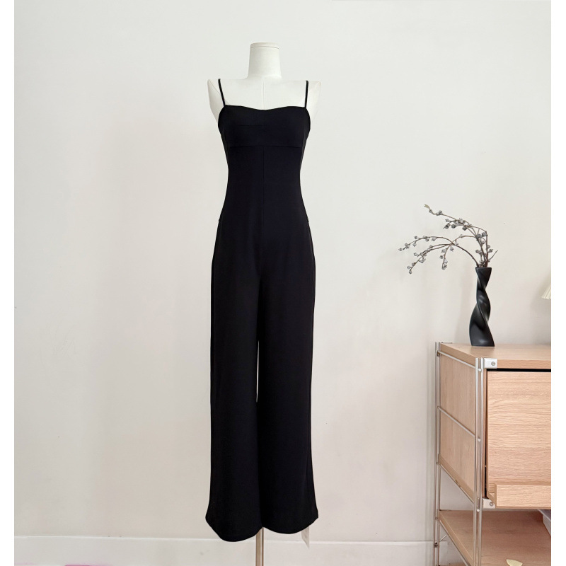 Normany Black V-neck Sleeveless Jumpsuit for Women, Summer Casual Loose Fit, Elegant Slimming Wide-Leg Pants