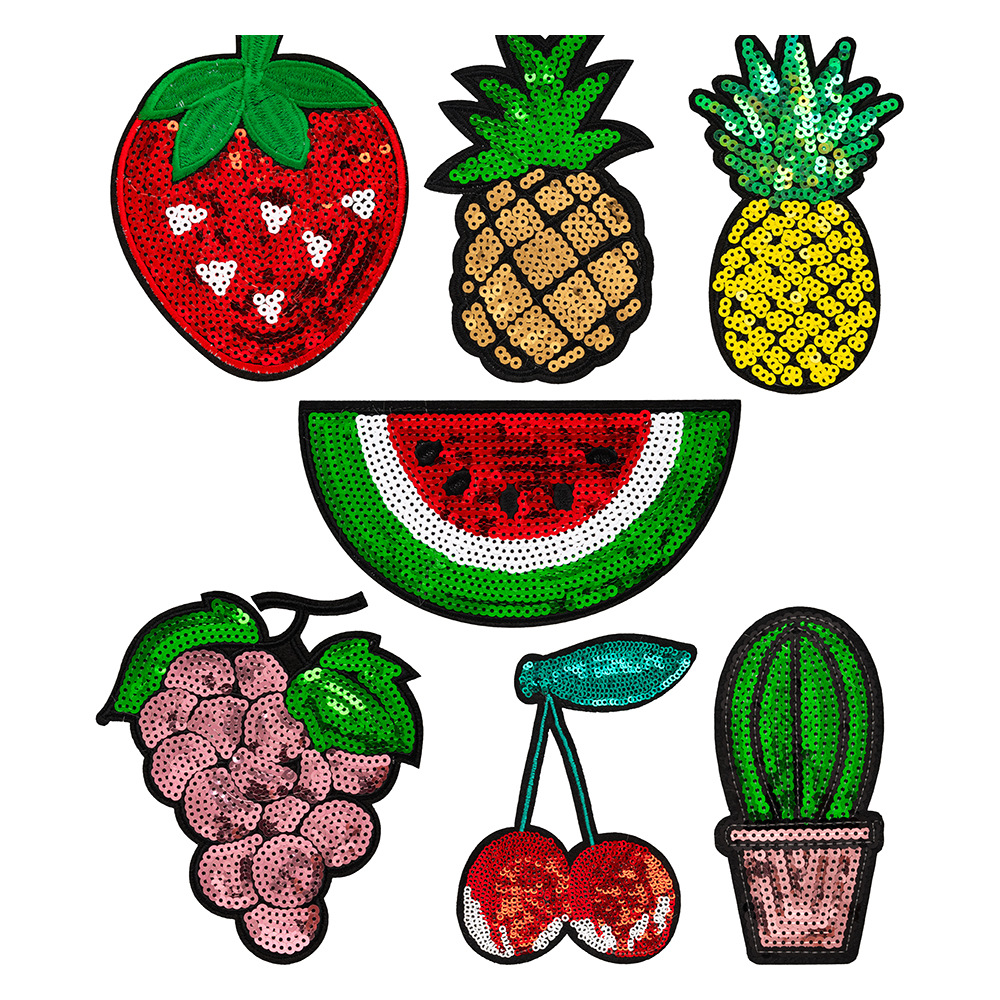 大尺寸电脑绣花亮片绣水果草莓西瓜樱桃仙人掌刺绣布贴免缝批发