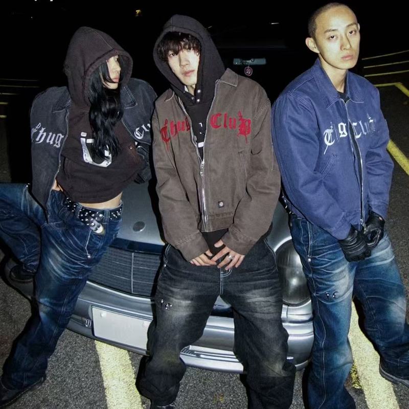 Thug club底特律风格棕色做旧字母刺绣短款秋冬重磅夹克外套男女|undefined