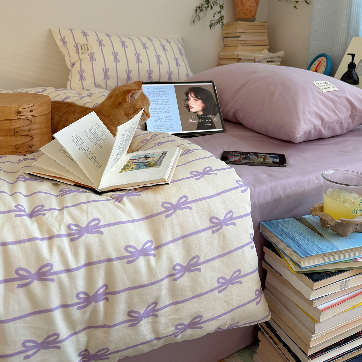 Todo algodón INS blogger estilo coreano arco de algodón cuatro piezas en casa dormitorio cama de tres piezas cubierta de edredón de piel