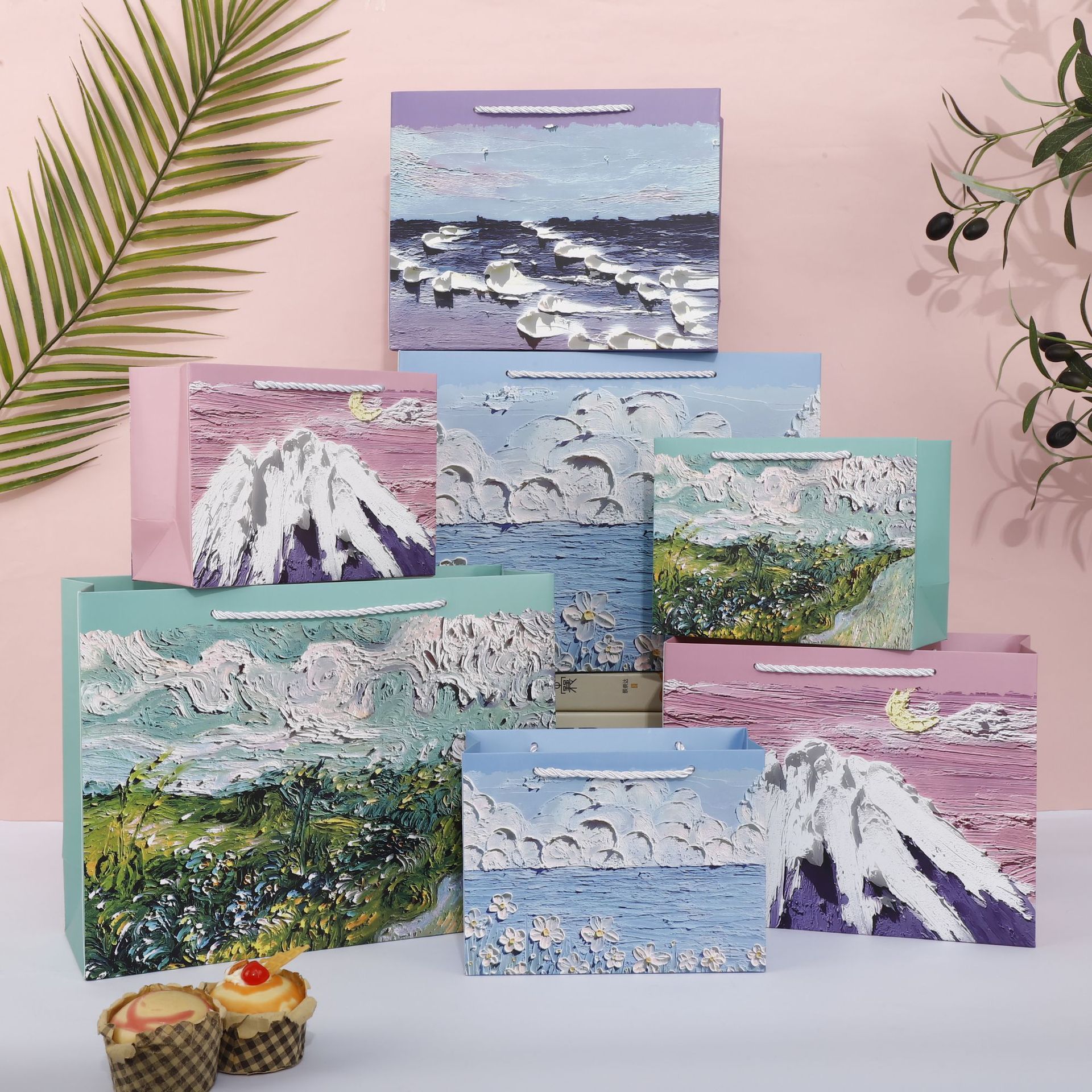 精品加厚礼品袋油画风210g白卡服装通用包装购物手提袋时尚礼品袋