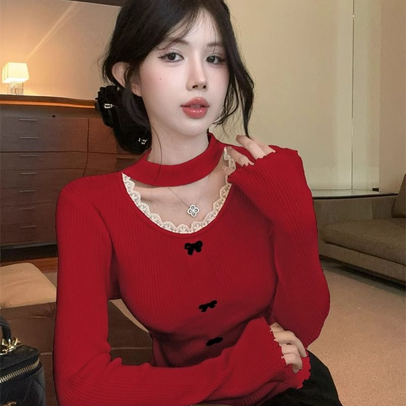 Chanel Style Bow Christmas Sweater Women's Spring High-end Neck Top Half Collar Lace Base Shirt