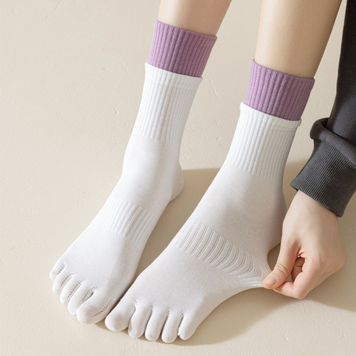 Women's five-finger socks, double-layered, ribbed, color-blocked mid-calf socks, anti-odor, sweat-absorbent, sports tabi socks, spring and autumn toe stockings, cotton