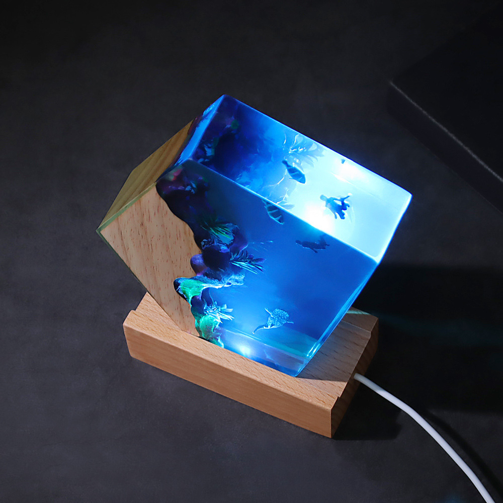  Ocean Resin Nightlight Handmade 3D Crystal Ornaments Creative Solid Wood Epoxy Resin Crafts