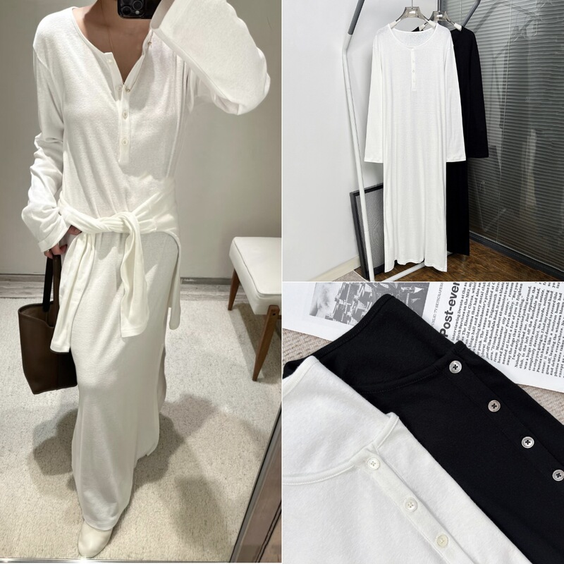 House26 Summer Style~Shell Button Henry Collar Cotton Long-Sleeve Dress with Side Slit Long Skirt for Women