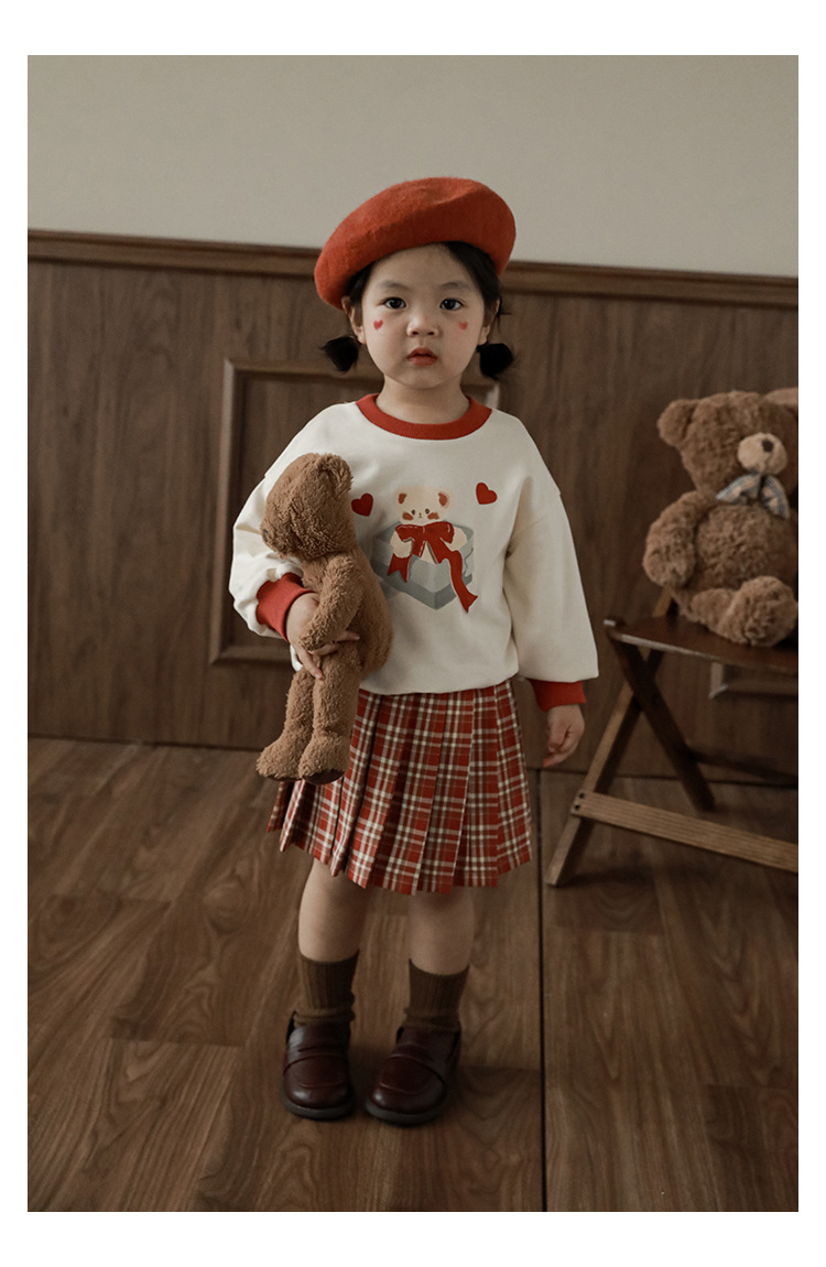 Qiu Duomeng Girls' Cartoon Little Bear Sweater Checkered Set 2024 New Spring and Autumn Children's Top Half Skirt_voghion.com