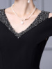Black large V-neck with diamond mesh splicing， half off shoulder large swing skirt， summer