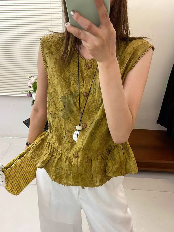 新しい中国風国民風 2025 夏の新しい女性のハイエンド西洋スタイルレースジャカードシングルブレストノースリーブシャツトップ|undefined