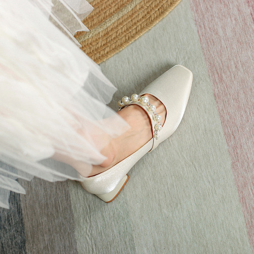 Fuhao women's new spring shoes  with pearls and belt satin square-toe low-heeled casual shoes