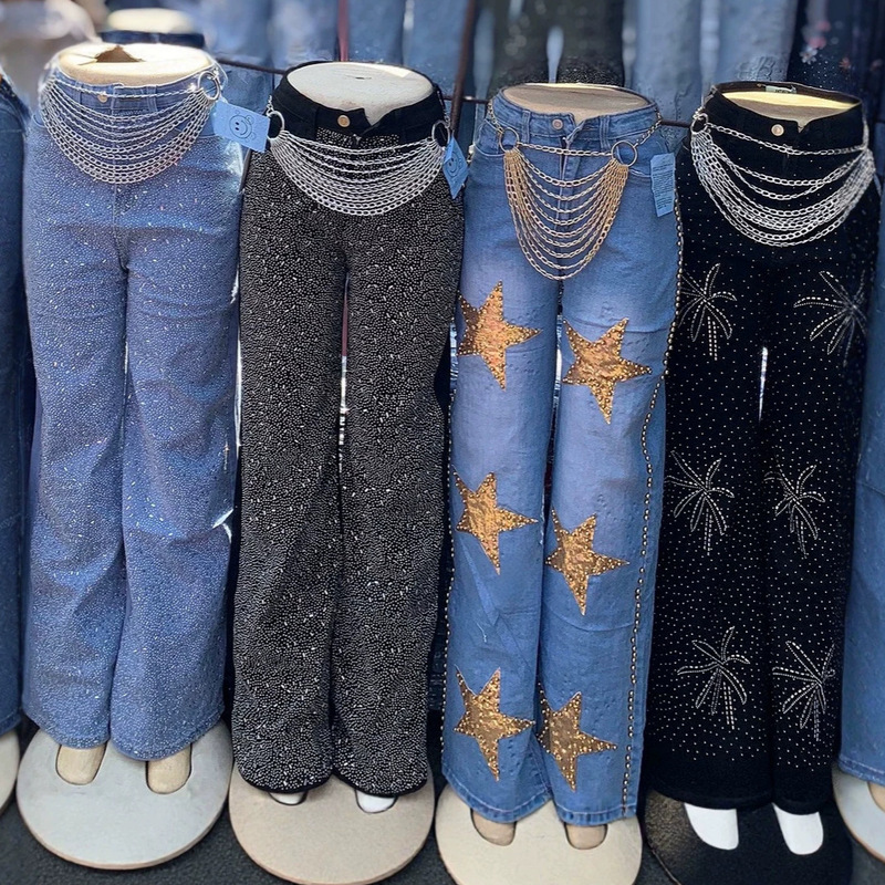 Wide-Leg Jeans Women's Denim Pants in Stock Wide-Leg Sequined Trousers Wholesale Boyfriend Jeans