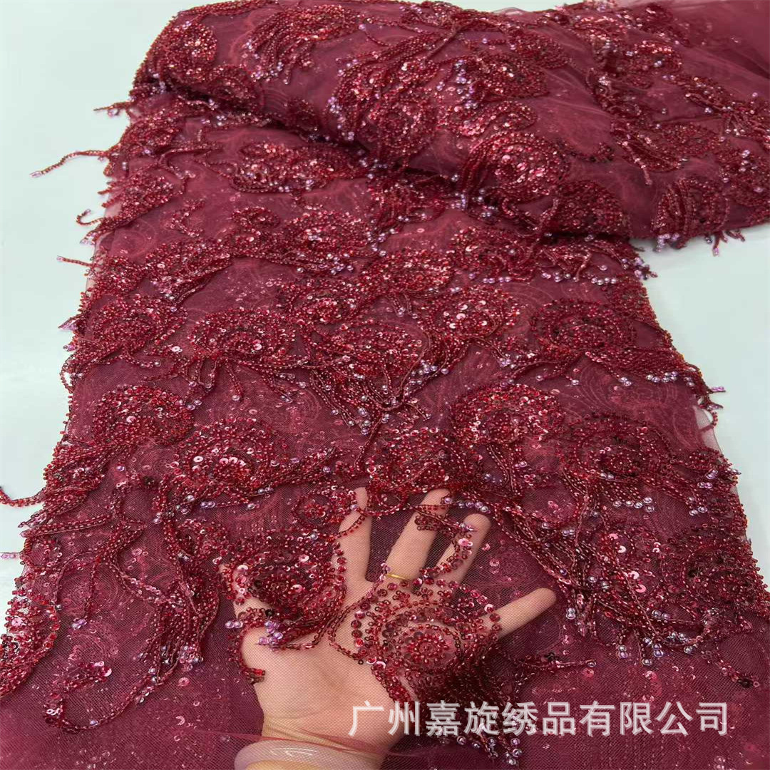 Capa redonda de alta calidad tubo de perlas tela de encaje de barba europea Xinjiang vestido de boda tela de encaje Beaded image 8