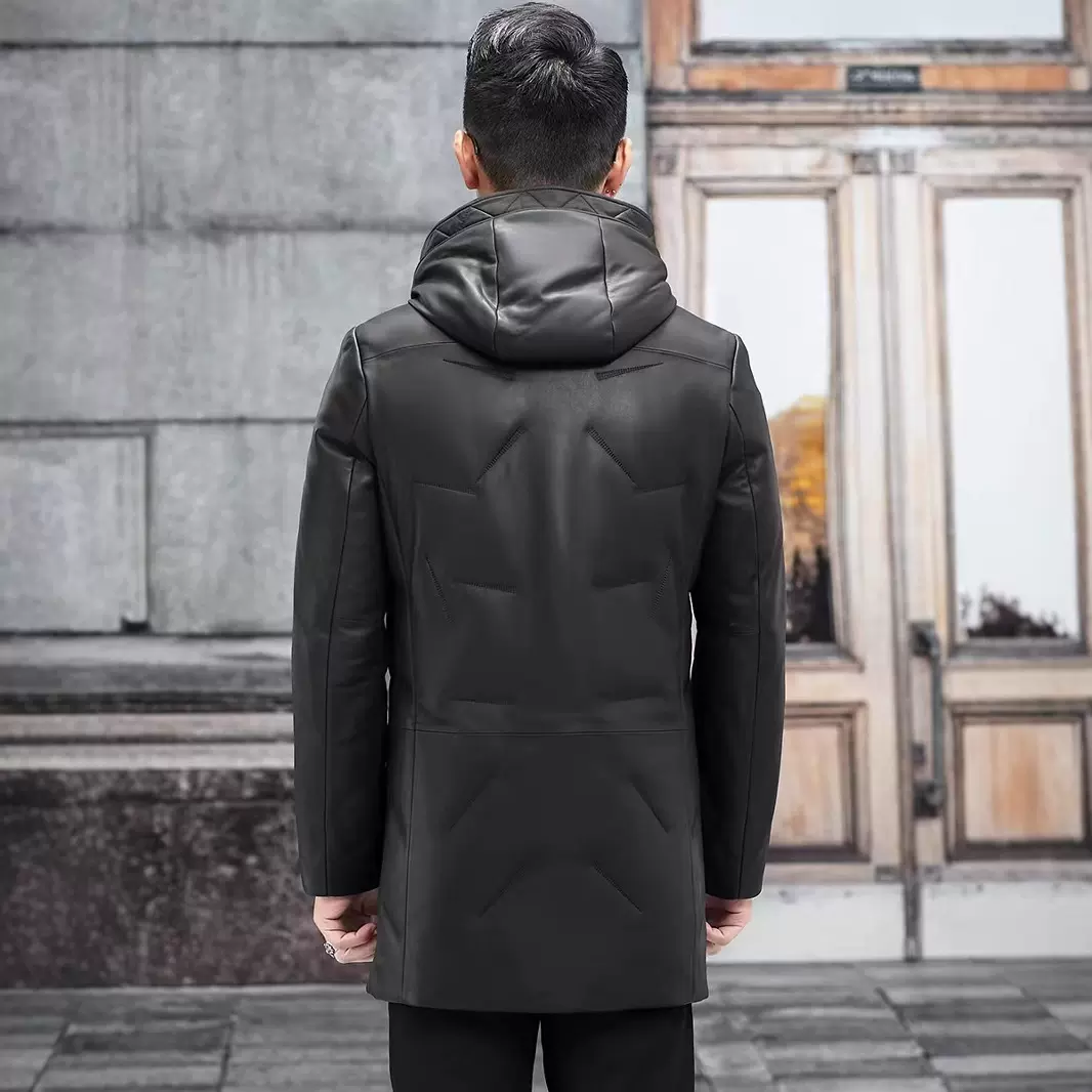 2025皮白鸭绒羽绒服连帽中长款加厚皮衣羽绒服外套