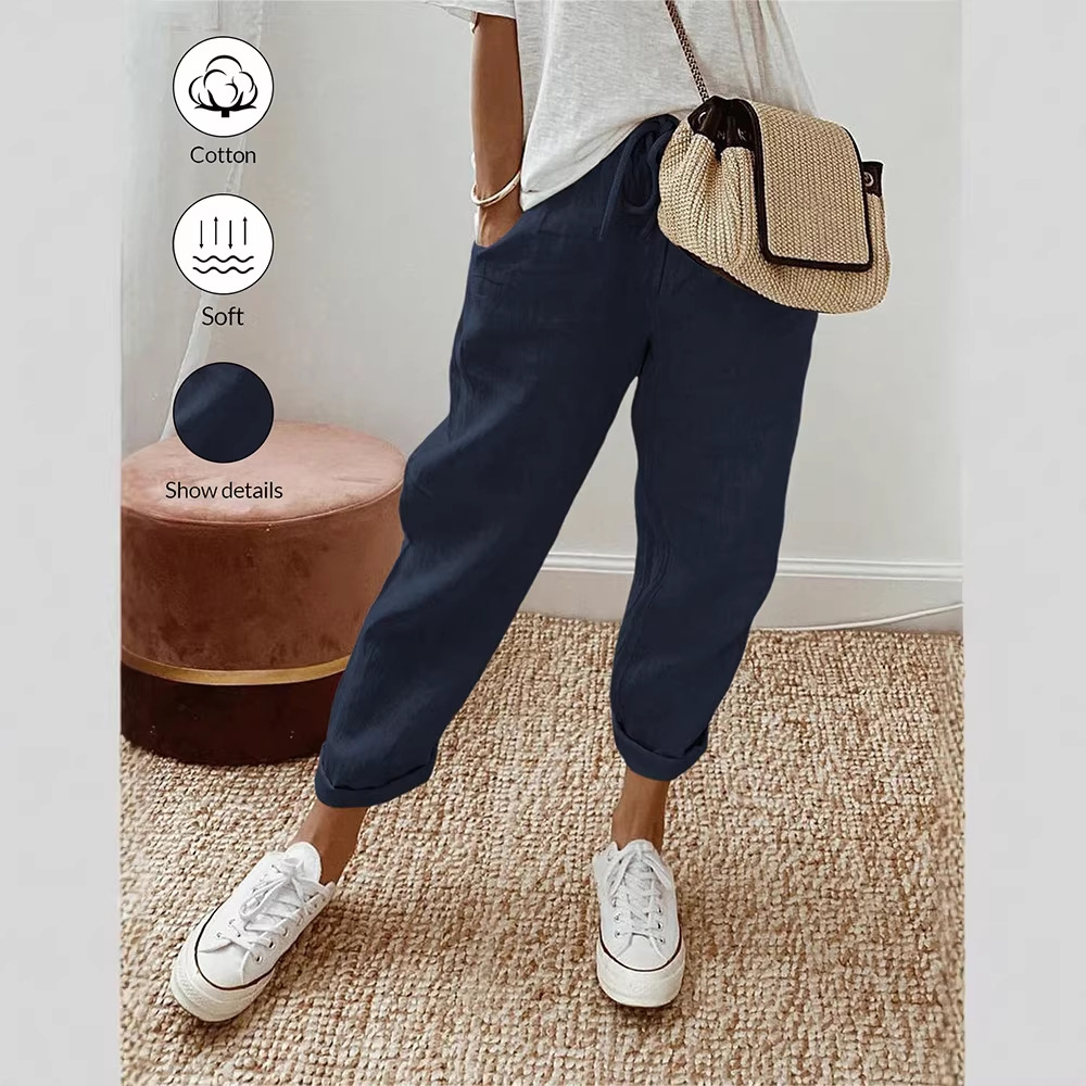 알리익스프레스 아마존 독립 사이트 봄 가을 면마 포켓 밴딩 허리 캐주얼 팬츠 여성용 통근복 루즈핏 9부 바지