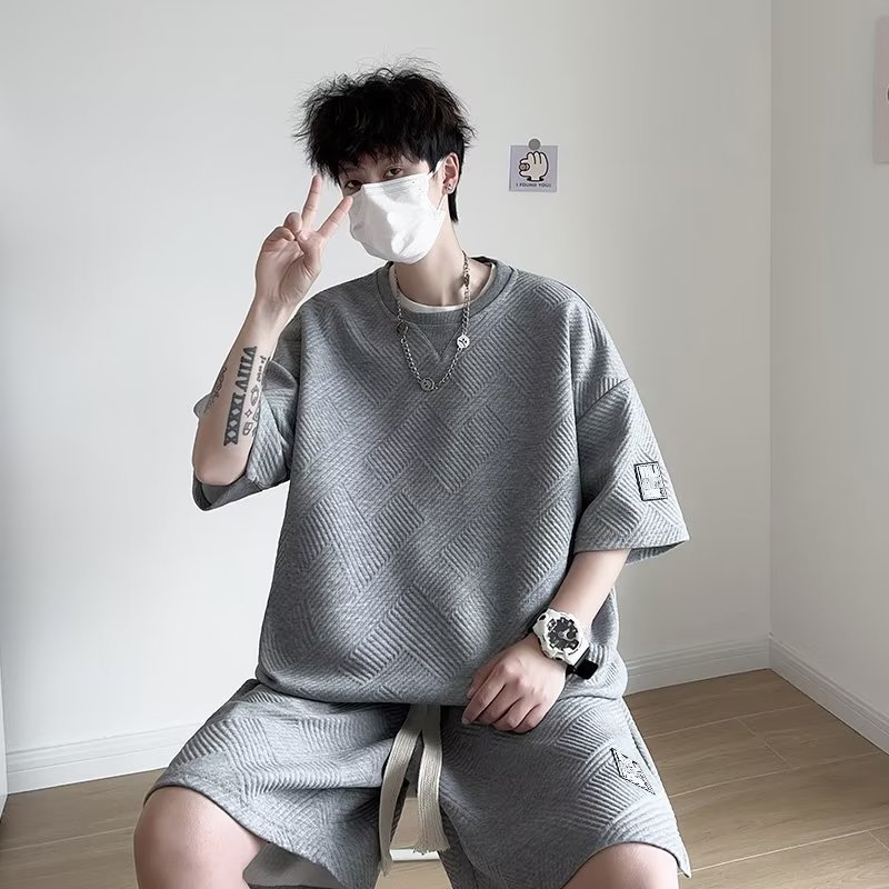 Ice Silk Waffle Short Sleeve T-Shirt Set for Boys And Teenagers Summer Casual Sports Shorts Stylish Outfit Regular Fit Micro-Elastic_viptrois.com