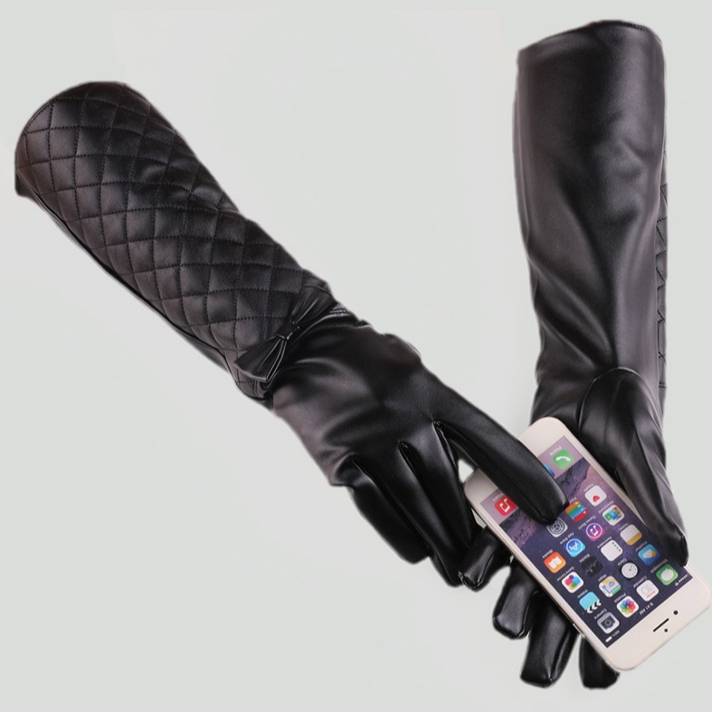 Guantes largos de cuero de las nuevas mujeres 40CM guantes de imitación de cuero del arco guantes calientes de la boda del funcionamiento de la moda