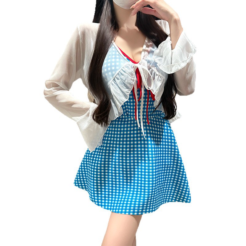 Plus Size One Piece Swimsuit Women's Retro Plaid Long Sleeved Outer Mesh Sun Protection Three Piece Set For Slightly Chubby Girls Concealing Flaws_voghion.com