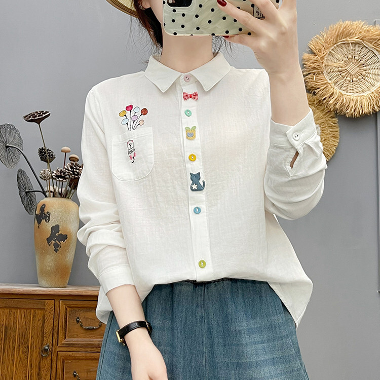 Japanese-style artistic and fresh cartoon embroidered sheer shirt for women, long-sleeved, soft and skin-friendly, pure base layer top