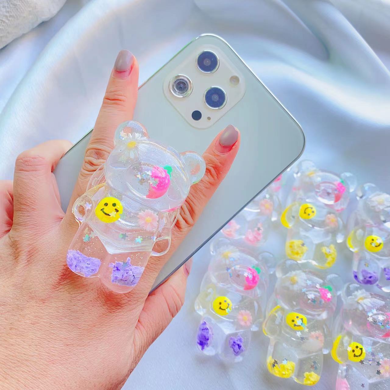 Buntes lächelndes Gesicht, dreidimensionale Wolke, Bären-Airbaghalter, fünfeckiger Stern, glitzerndes Rosa, koreanischer Desktop,_voghion.com