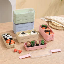 三层饭盒可进微波炉小麦秸秆带餐具便当盒跨境学生上班族分格餐盒