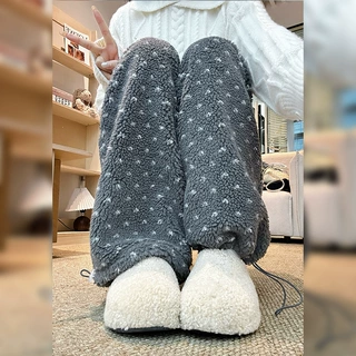 波点羊羔绒阔腿裤2026女冬保暖时尚裤子感高腰抽绳居家休闲裤批发
