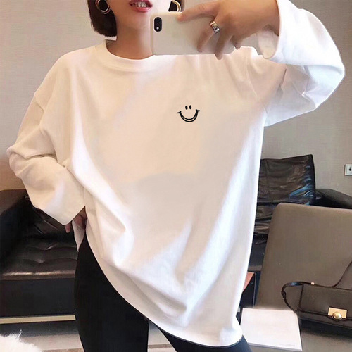 Heavyweight pure cotton long-sleeved T-shirt for women, loose spring and autumn base shirt, student versatile black top, INS trendy.